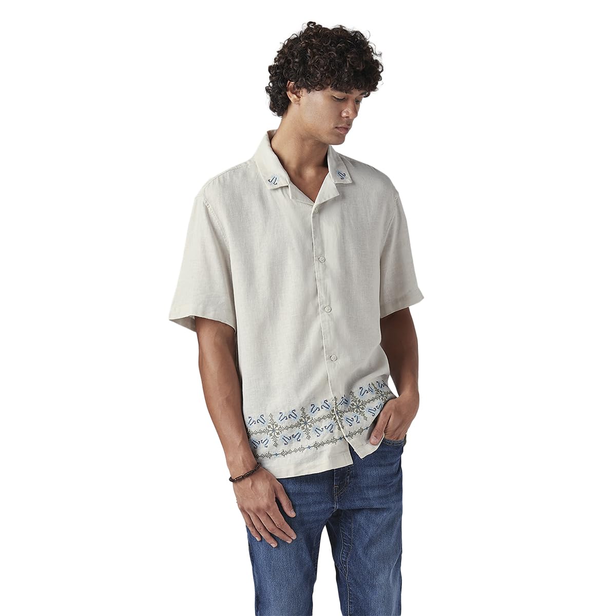 Men's Embroidered Relaxed fit Resort Collar/Linen Shirt